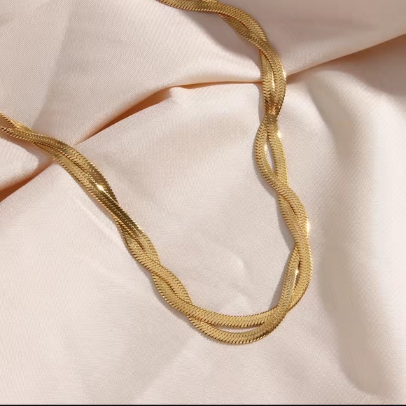 Braided New Herringbone Necklace Bracelet
 Gold 18K plated Set Stainless Steel - Picture 2 of 14